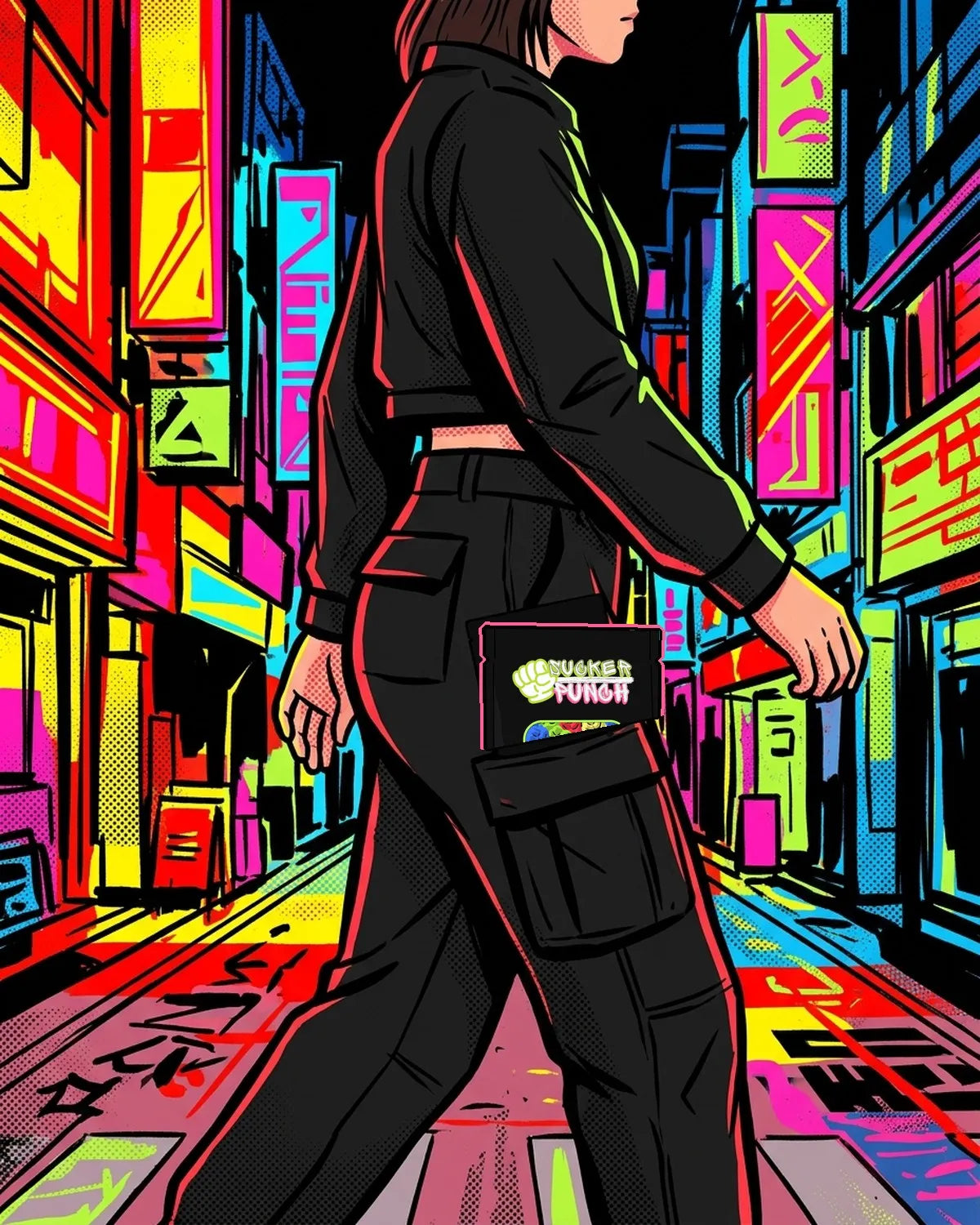 A Sucker Punch bag in a cargo pocket on a night street