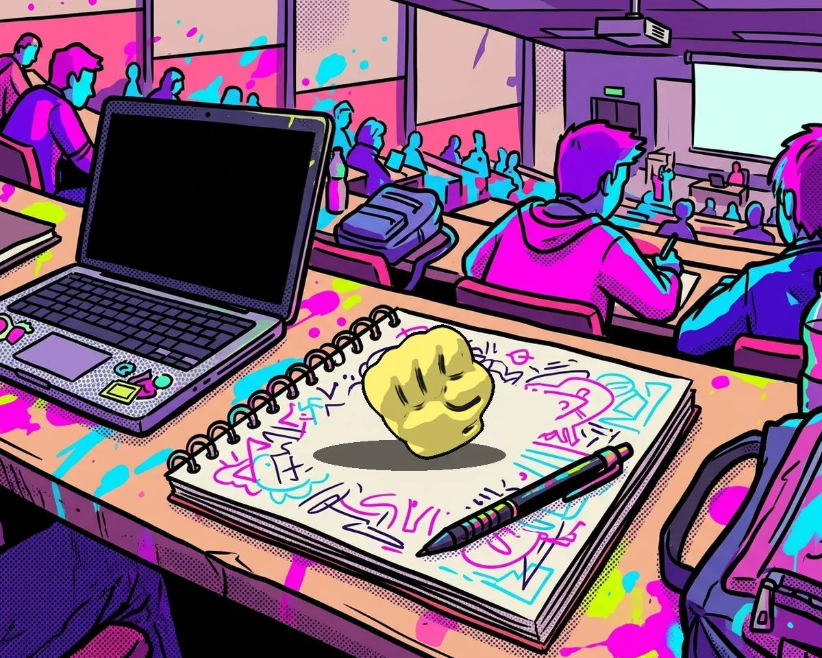 A sucker on a notebook in a lecture hall