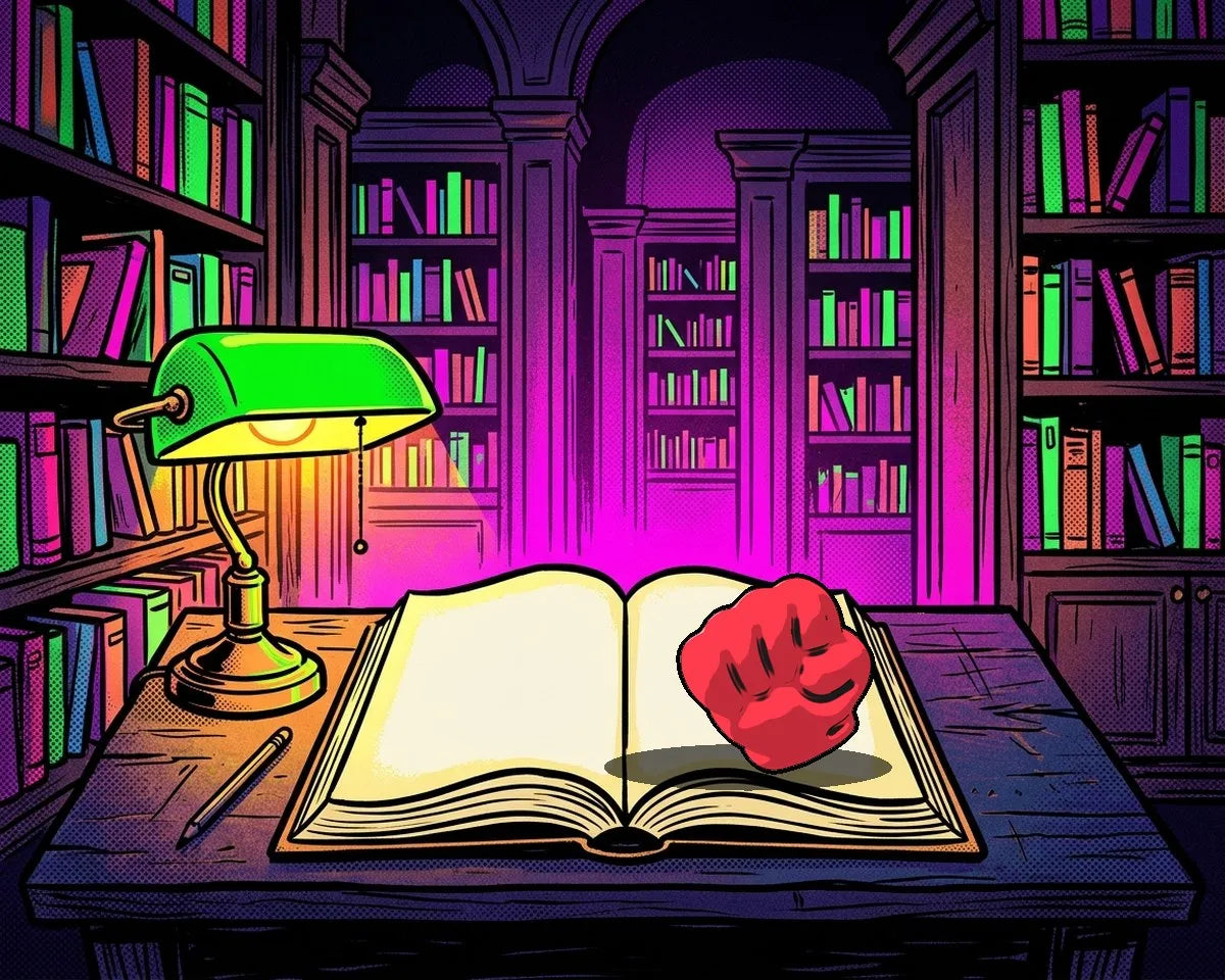 A sucker on an open book in the library